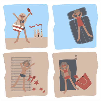 Tanned children relax on the beach. Boys and girls. Set of vector scenes with palm trees, sand, sea, ocean, pool, shells, sand castles, inflatable rings and air mattresses. Illustration for tourist brochures and resort advertising.