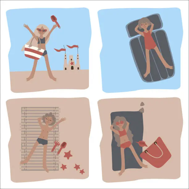 Vector illustration of Tanned children relax on the beach. Boys and girls. Set of vector scenes with palm trees, sand, sea, ocean, pool, shells, sand castles, inflatable rings and air mattresses. Illustration for tourist brochures and resort advertising.