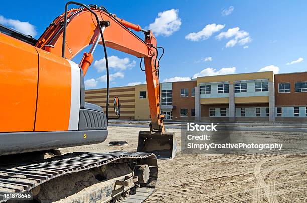 Excavator By New High School Stock Photo - Download Image Now - School Building, Construction Industry, Education