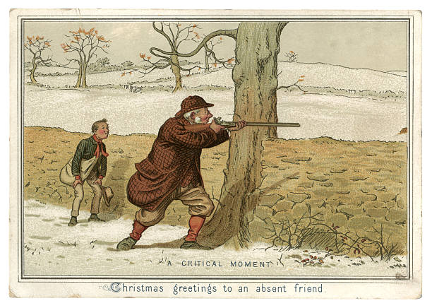 Christmas card from 1882 An amusing Victorian Christmas card showing a man with a gun about to take a shot at something on the other side of the wall. The message on the reverse includes the date of Christmas 1882. two men hunting stock illustrations