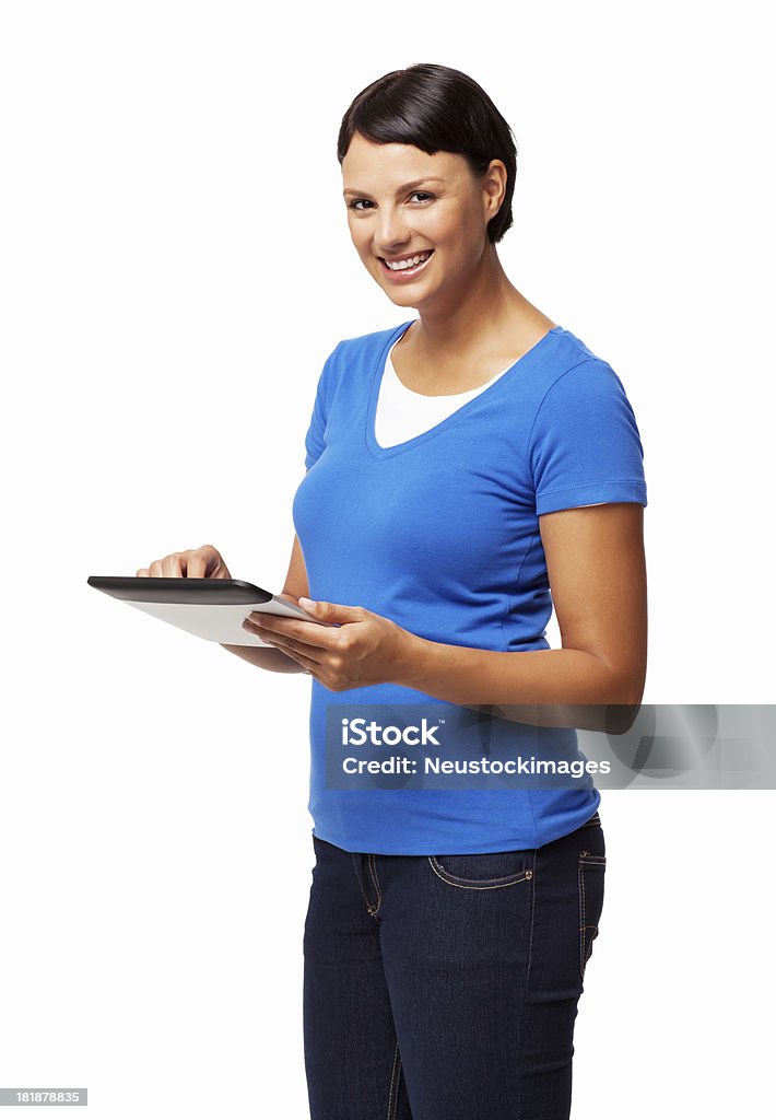 Mujer feliz usando tableta Digital aislada - Foto de stock de 20 a 29 años libre de derechos