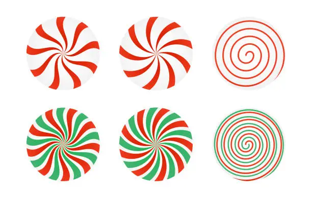 Vector illustration of Set of red and green candies caramel, Lollipop. Striped candy unwrapped on a white background. Vector design element for Christmas, New year, winter holiday, dessert, new year's. Vector illustration