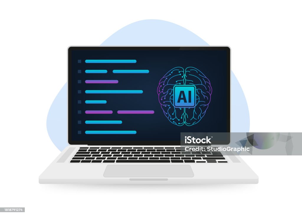 Ai Dev Computer A Laptop With Screen Writing Coding And Artificial Intelligence Brain ...