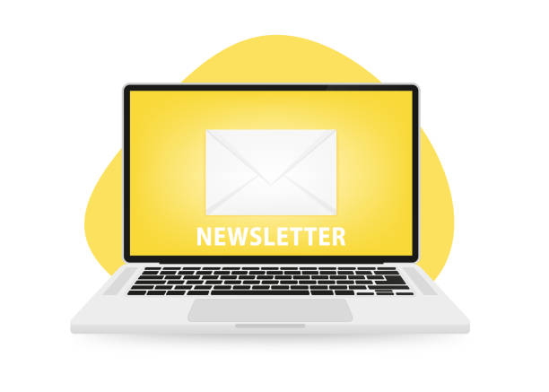 istock Newsletter with letter and laptop. Laptop with mail envelope. Computer and document on screen. Email concept. Vector illustration 1818791285