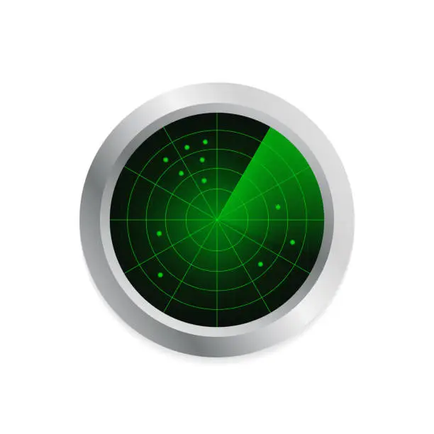 Vector illustration of Realistic vector radar in digital green radar with targets. Air search. Military search system blip illustration. Navigation interface wallpaper. Navy sonar. Technology background. Vector illustration