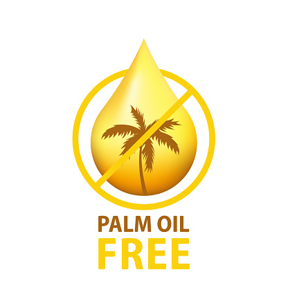 Palm oil free sign - crossed out palm branch insida oil drop - marking for unavailability of harmful food ingredient - isolated vector emblem. Palm branch and oil drop. Vector illustration