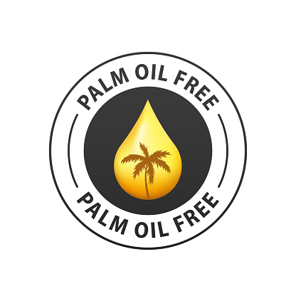Palm oil free sign - crossed out palm branch insida oil drop - marking for unavailability of harmful food ingredient - isolated vector emblem. Palm branch and oil drop. Vector illustration