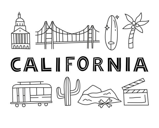 California national landmarks and attractions. California national landmarks and attractions in doodle style isolated on white background. American tourism concept. Welcome poster. famous american landmark drawing stock illustrations