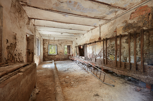 Messy storage, former stable with damaged walls in old country house in Italy