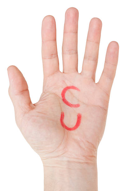 istock C U written on palm of a hand. White background. 181880190