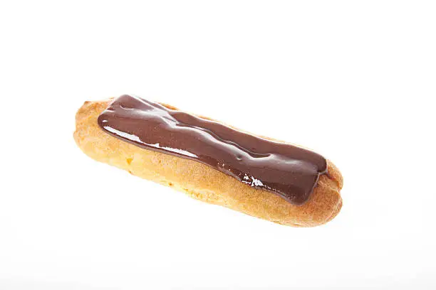 a chocolate eclair on white background