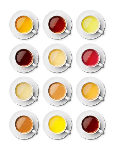 istock Different teas in white cups with saucers overhead 181880716