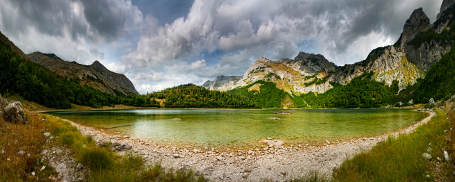 Mountain landscape in Tuscany.  Monte Pizzo d'Uccello in the Apuan Alps and  forest.  Stock photos. Carrara, Tuscany, Italy