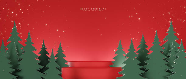 istock Empty red Christmas podiums for product presentation. Christmas background with mockup space and decoration. 1818813327