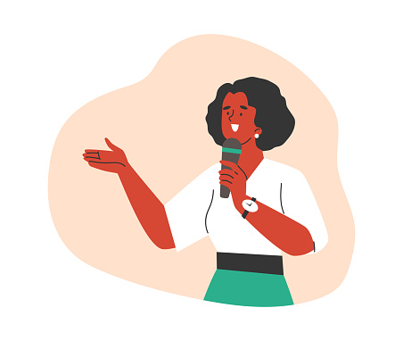 Business or political speaker performing motivational speech, cartoon flat vector illustration isolated on white background. Businesswoman holds motivational speech.