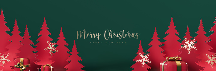 Red paper cut out pine trees with Merry Christmas text and decoration on green background. Christmas greeting card design. 3D Rendering, 3D Illustration