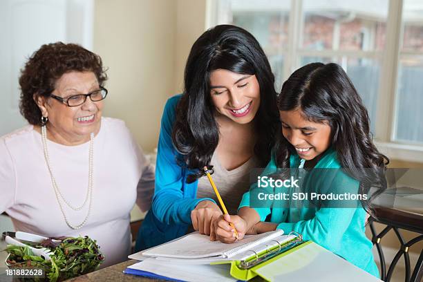 Ispaniche Madre E Nonna Aiutando Bambina Con Compiti A Casa - Fotografie stock e altre immagini di Compito a casa