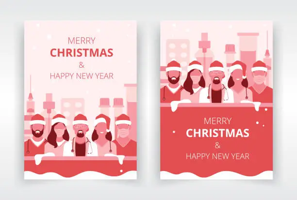 Vector illustration of Poster, flyer, or greeting card templates featuring a group of healthcare professionals in front of medical supplies, wishing you a merry christmas and happy new year