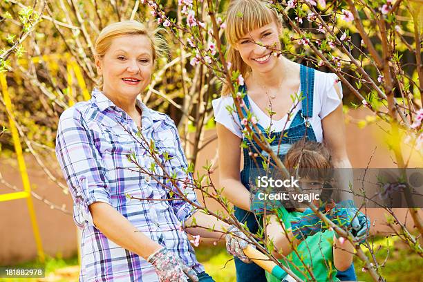 Alegre Familia Trabajando En Orchard Foto de stock y más banco de imágenes de 25-29 años - 25-29 años, 50-59 años, 6-7 años