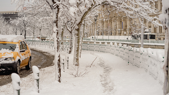 First day of winter, heavy snow in Bucharest city, Romania