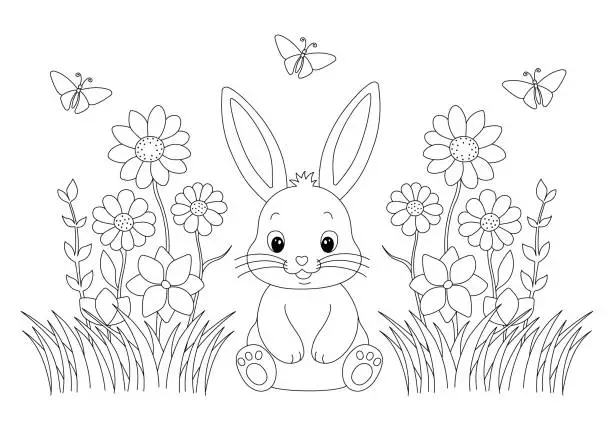Vector illustration of Coloring page with adorable bunny in grass and flowers.