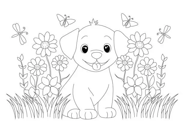 Vector illustration of Coloring page with adorable puppy in grass and flowers.