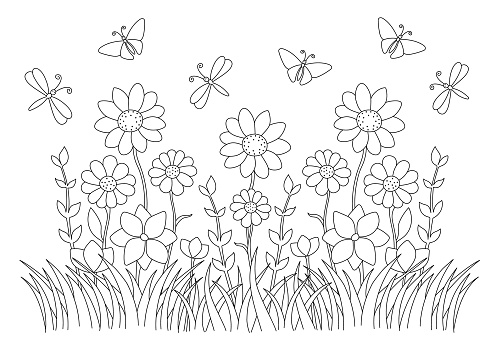 Coloring page with cartoon butterflies flying over the grass and flowers. Hand drawn vector contoured black and white illustration. Design template for kids coloring book, poster or postcard.