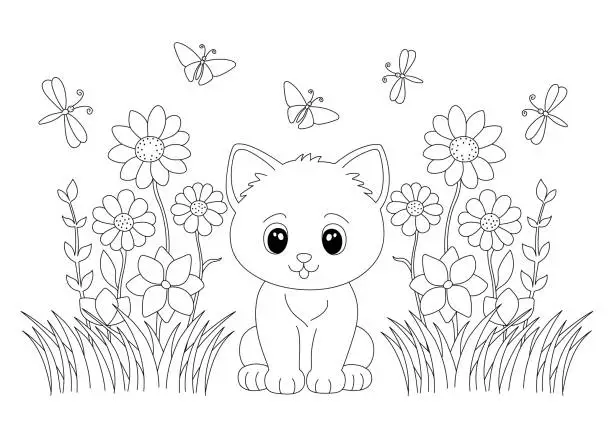 Vector illustration of Coloring page with adorable kitty in grass and flowers.