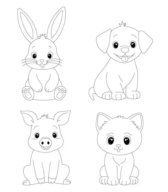 Vector illustration of Set of adorable cartoon pet for coloring page.