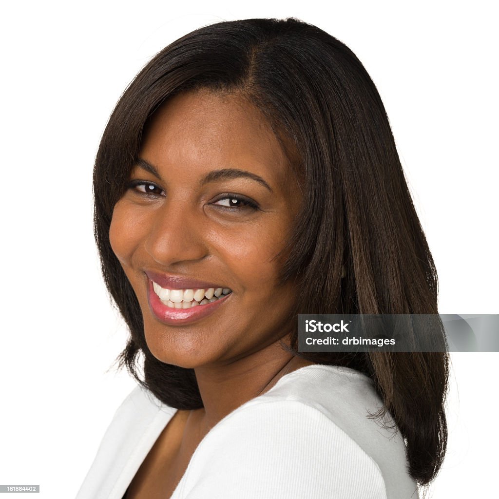 Smiling Young Woman Headshot Portrait Portrait of a young African-American woman on a white background. Straight Hair Stock Photo