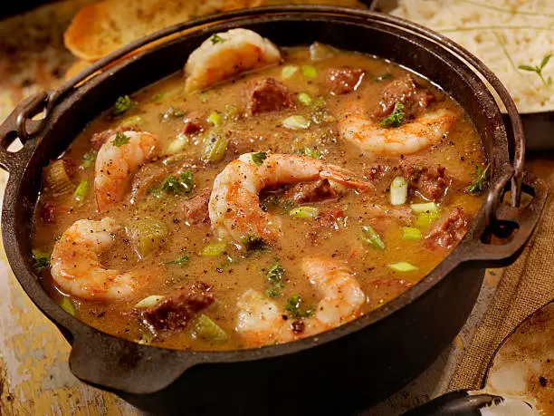 Creole Style Shrimp and Sausage Gumbo with white rice and French bread- Photographed on Hasselblad H3D2-39mb Camera