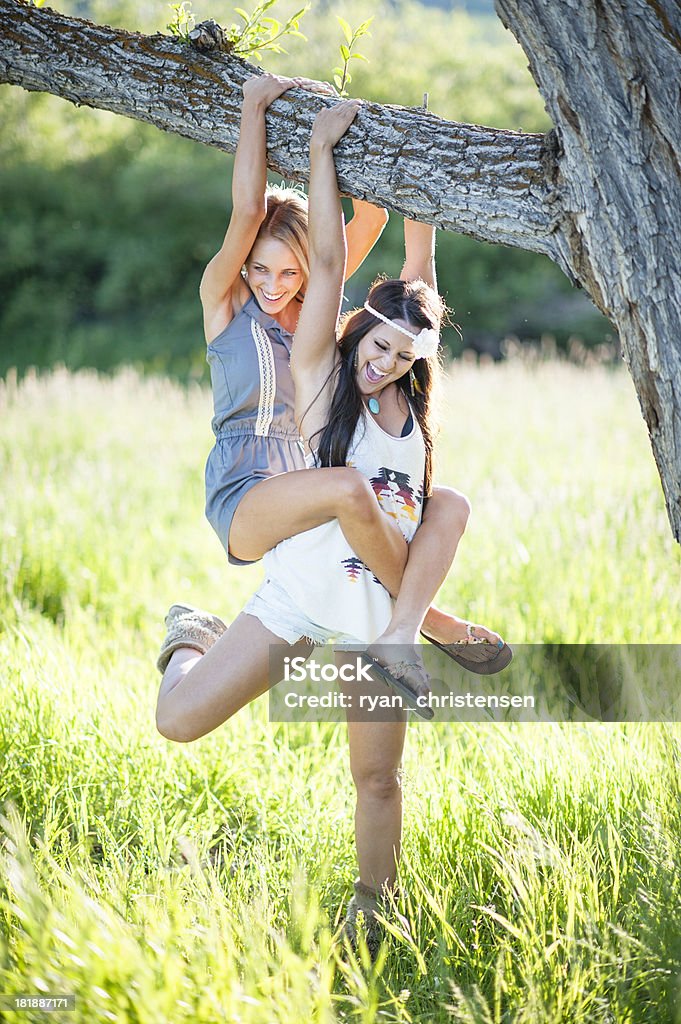 Style de vie: Deux belles femmes Branche d'arbre accrocher - Photo de 20-24 ans libre de droits