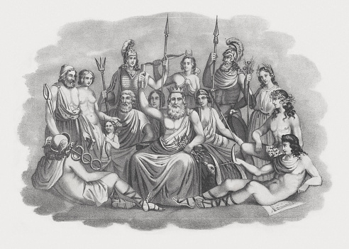 The gods of Greek Mythology. Lithograph, published in 1852.