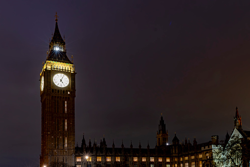 Houses of Parliament at night. Long exposure image beside Big Ben in Westminster, London, UK.