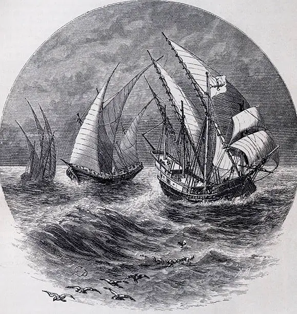 Etching of three caravels of the same type Columbus used in his explorations: the Nina, Pinta, and Santa Maria.  First published in Harper's New Monthly Magazine, December 1876