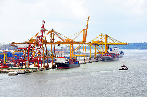 Johor Port in Pasir Gudang "A view of Johor Port in Pasir Gudang, Johor, Malaysia.  Cranes preparing to transfer containers to cargo ships in Johor Port." johor photos stock pictures, royalty-free photos & images