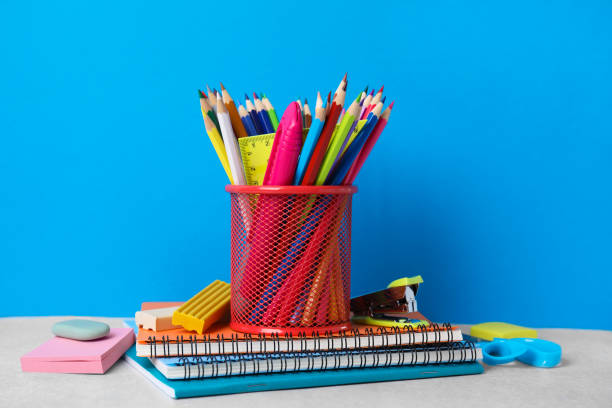 istock Different school stationery on table against light blue background. Back to school 1818880631