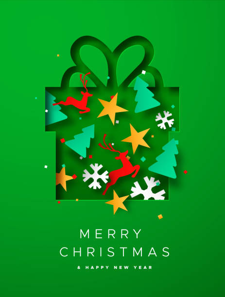Merry Christmas paper cut decoration gift card Merry Christmas Happy New Year papercut gift box greeting card illustration. 3D paper cut holiday party decoration in green present. Festive xmas craft icons include reindeer, snowflake and pine tree. christmas card template stock illustrations