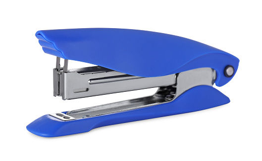 New bright blue stapler isolated on white