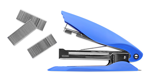Bright blue stapler with staples isolated on white, top view