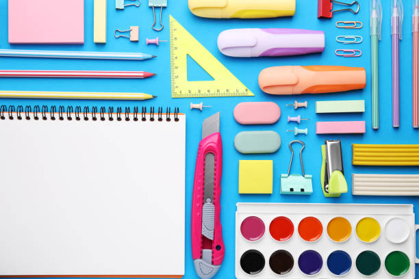 istock Different school stationery on light blue background, flat lay. Back to school 1818882901