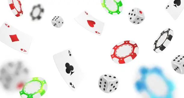 Vector illustration of Banner with falling red, green, blue, black poker chips, tokens, silver dices, playing cards on white background. Vector illustration for casino, game design, advertising