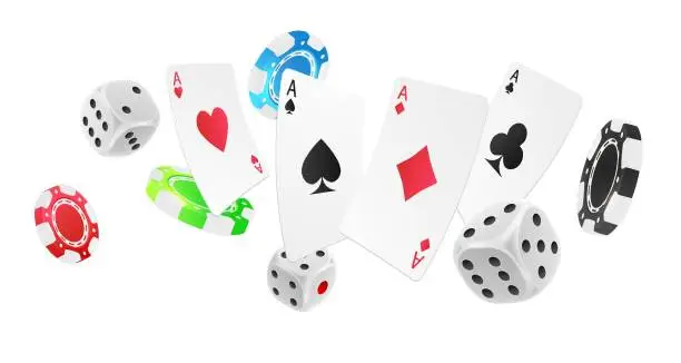 Vector illustration of Poster with falling red, green, blue, black poker chips, tokens, silver dices, playing cards on white background. Vector illustration for casino, game design, advertising