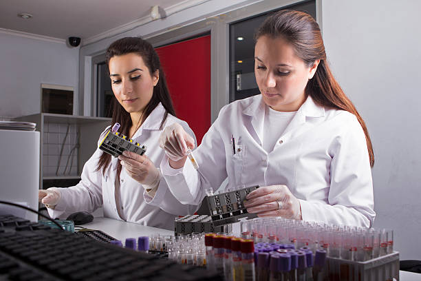 scientists working in laboratory - bloedbank stockfoto's en -beelden