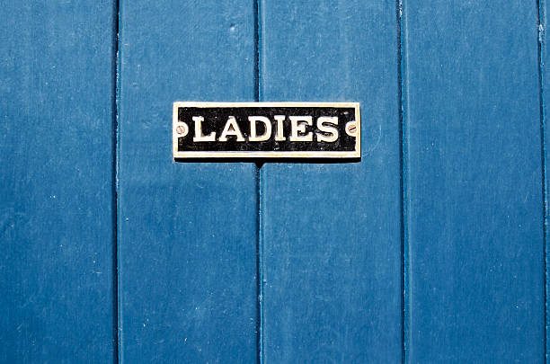 A ladies toilet sign on a blue door.