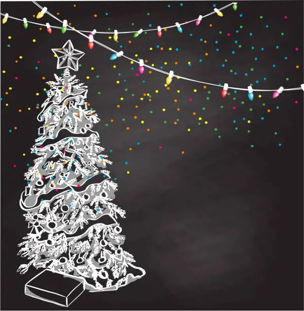 Vector illustration of Christmas Lights And Tree Background Blackboard