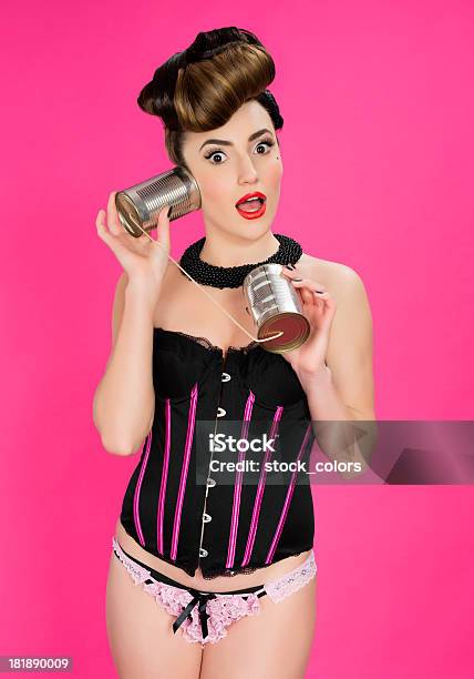 Pin Up Woman With Tin Can Phone Stock Photo - Download Image Now - 1960-1969, Adult, Adults Only