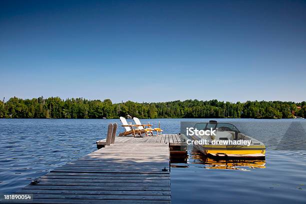 Wakeboard Boat And Dock Stock Photo - Download Image Now - Lake, Motorboat, Speedboat