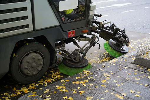 Closeup of a street cleaning truck in Santander streets, Spain
