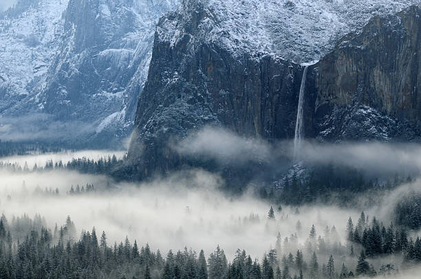 Misty morning on Bridalveil Falls in Yosemity National Park stock photo